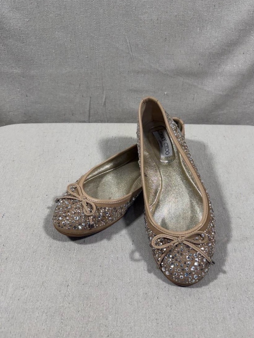 Jimmy Choo Blush Nude Crystal Bow Ballet Flats